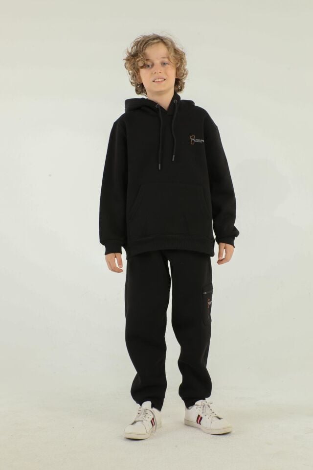 Kapüşonlu Kargo Cepli Baskı Detaylı Erkek Çocuk Eşofman Takımı