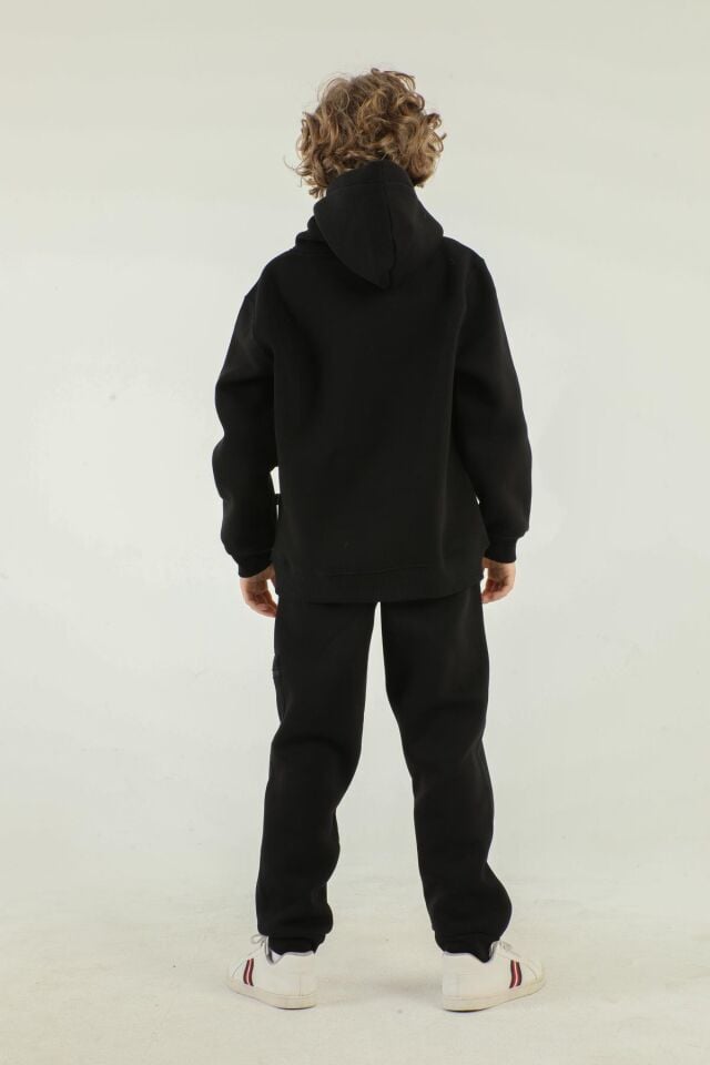 Kapüşonlu Kargo Cepli Baskı Detaylı Erkek Çocuk Eşofman Takımı