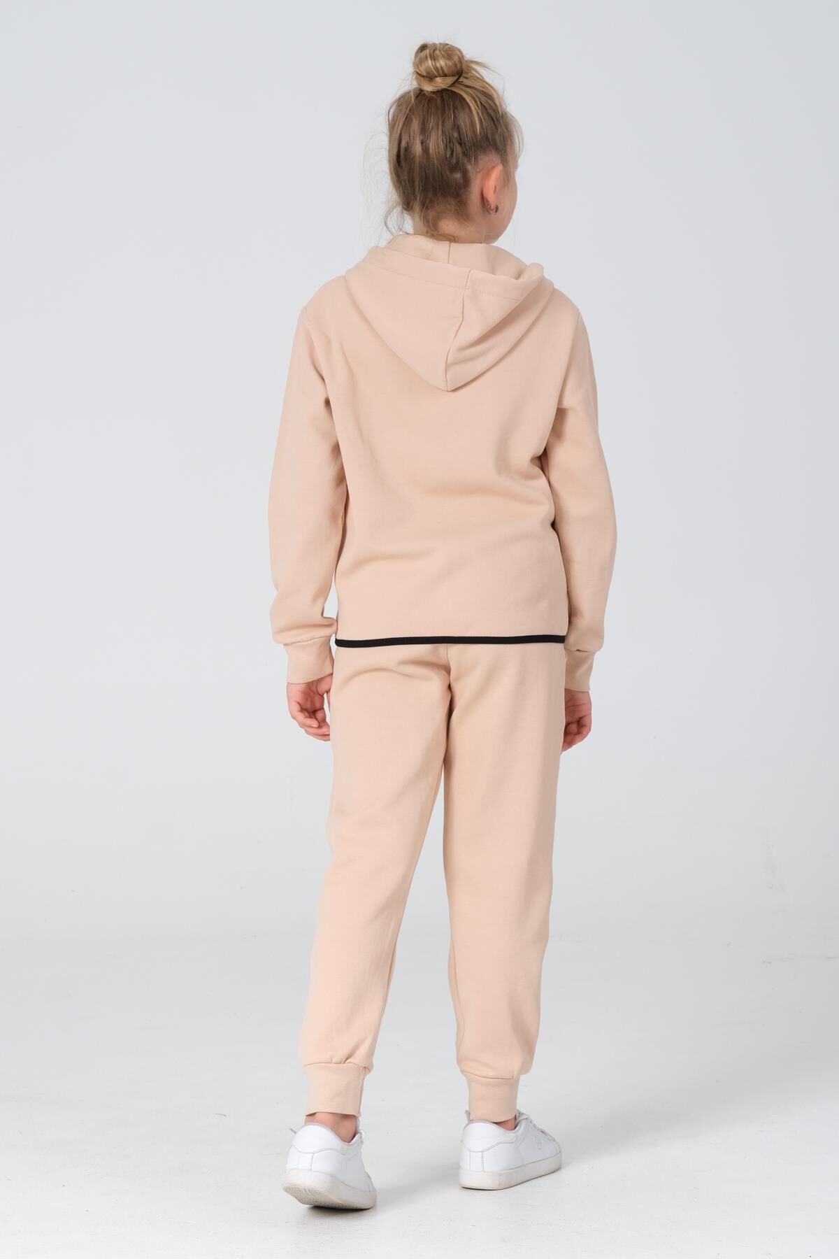 Black One Kız Çocuk Pike Kumaş Fermuarlı Kapüşonlu Baskı Detaylı Çift Cep Eşofman Takımı