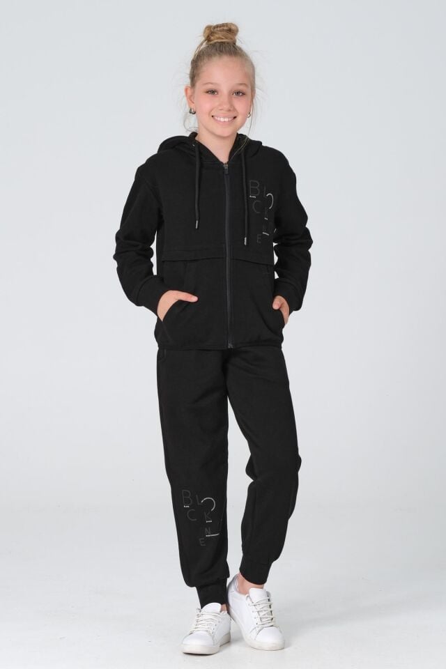 Black One Kız Çocuk Pike Kumaş Fermuarlı Kapüşonlu Baskı Detaylı Çift Cep Eşofman Takımı
