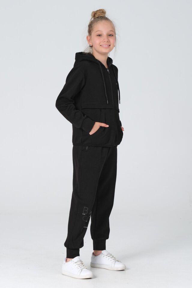 Black One Kız Çocuk Pike Kumaş Fermuarlı Kapüşonlu Baskı Detaylı Çift Cep Eşofman Takımı