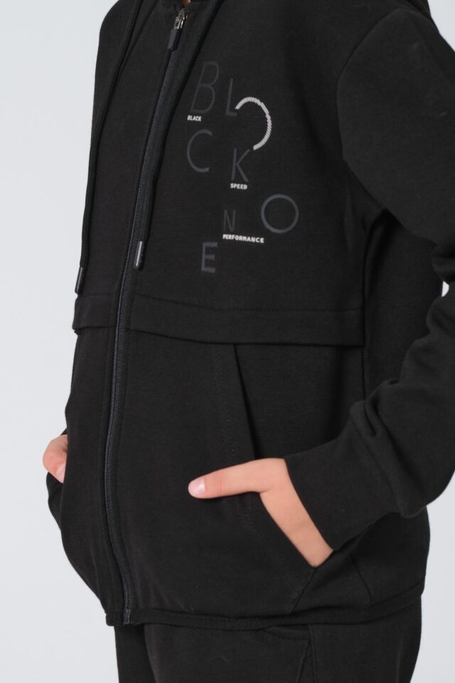 Black One Kız Çocuk Pike Kumaş Fermuarlı Kapüşonlu Baskı Detaylı Çift Cep Eşofman Takımı