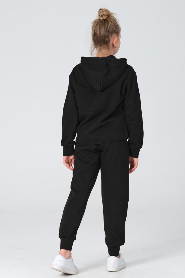 Black One Kız Çocuk Pike Kumaş Fermuarlı Kapüşonlu Baskı Detaylı Çift Cep Eşofman Takımı