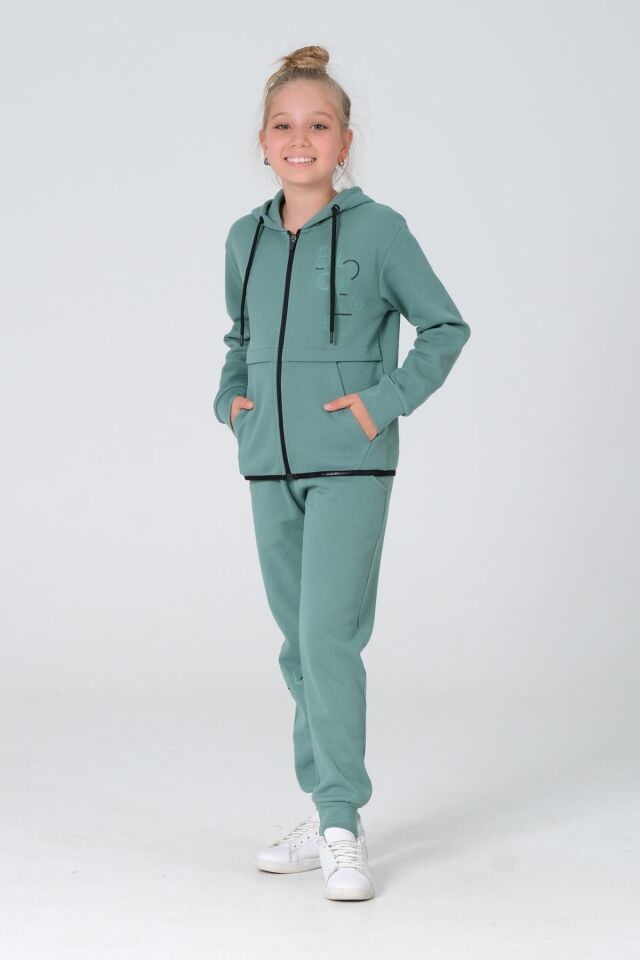 Black One Kız Çocuk Pike Kumaş Fermuarlı Kapüşonlu Baskı Detaylı Çift Cep Eşofman Takımı