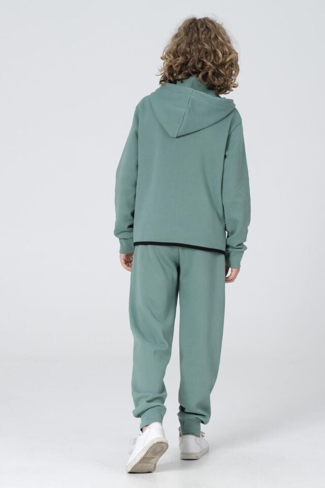 Black One Erkek Çocuk Pike Kumaş Fermuarlı Kapüşonlu Baskı Detaylı Çift Cep Eşofman Takımı