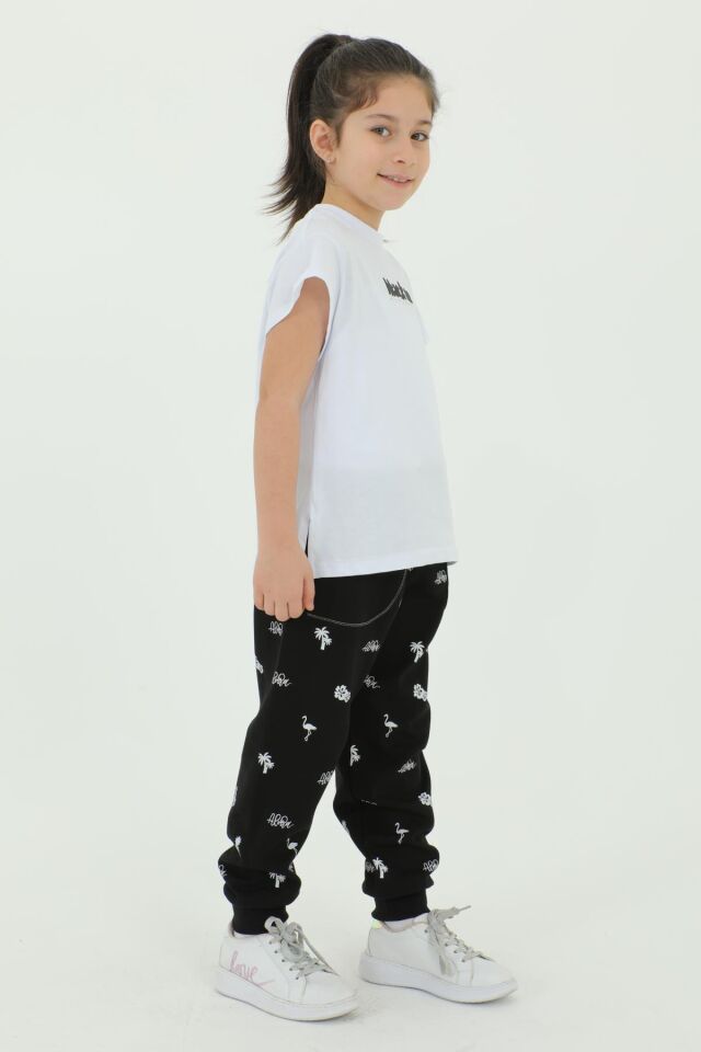 Bisiklet Yaka Kız Çocuk Baskı Detaylı T-Shırt Ve Eşofman Takımı