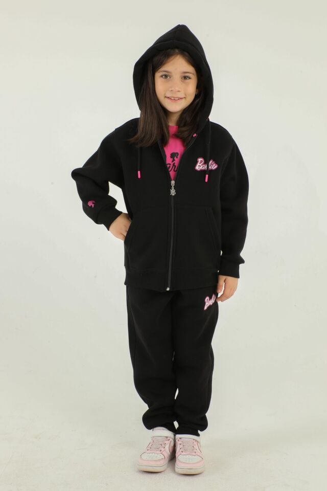 Kapüşonlu Barbie Baskı Detaylı 3 Lü Kız Çocuk Eşofman Takımı