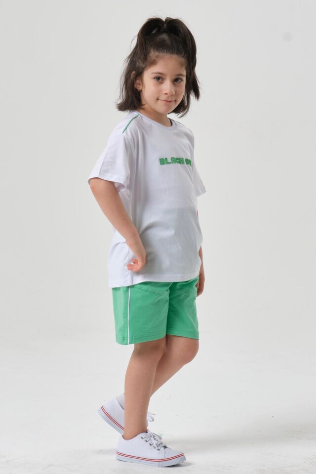 Bisiklet Yaka Baskılı Kız Çocuk T-shırt ve Şort Takımı