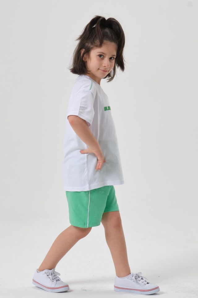 Bisiklet Yaka Baskılı Kız Çocuk T-shırt ve Şort Takımı