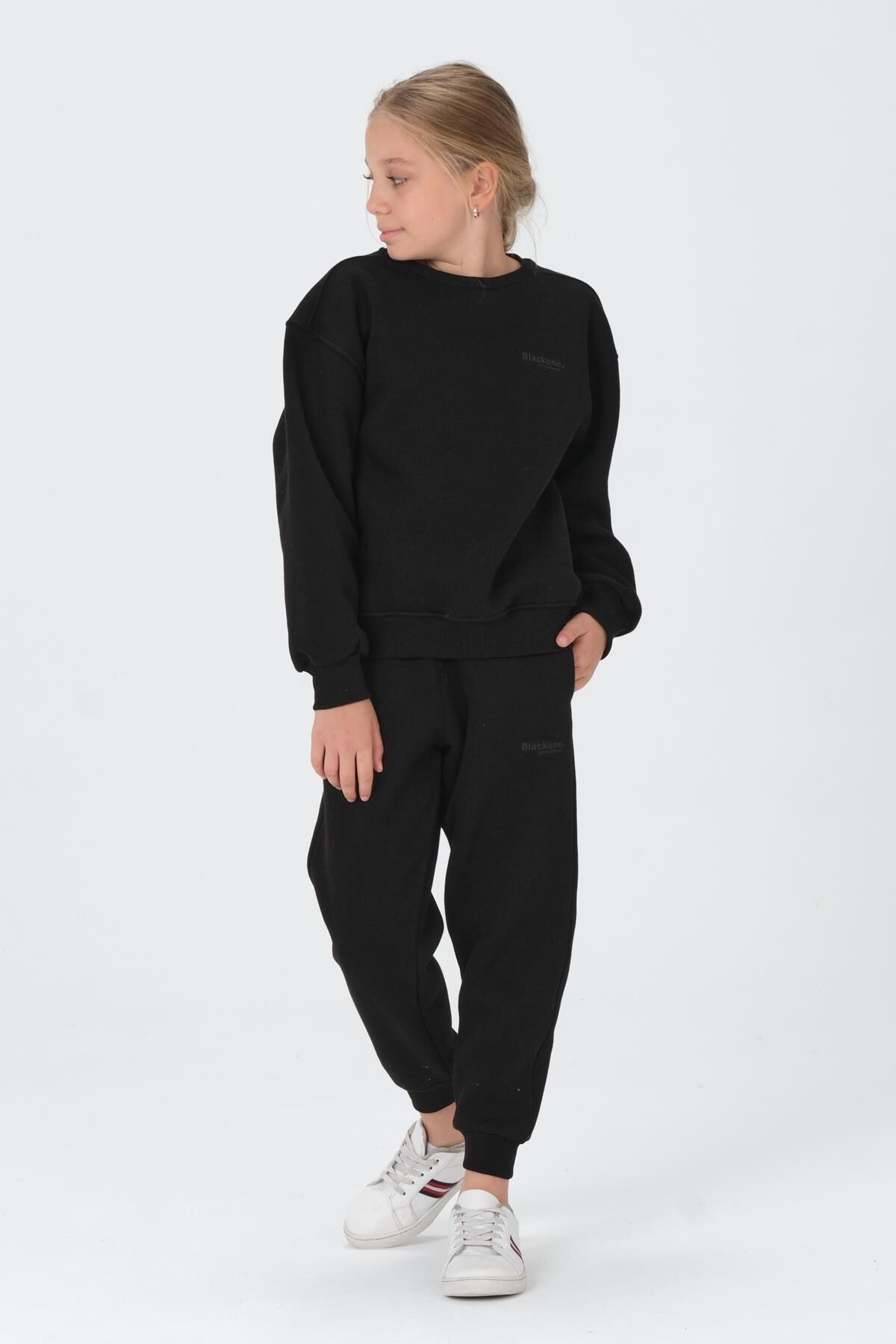 Bisiklet Yaka Baskı Detaylı Şardonlu Kız Çocuk Eşofman Takımı