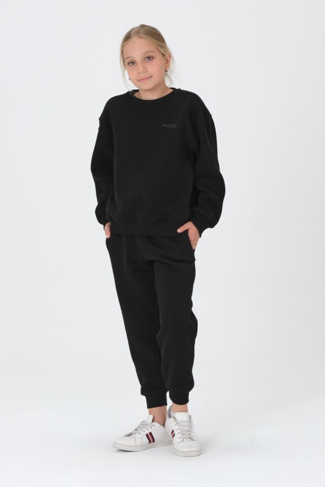 Bisiklet Yaka Baskı Detaylı Şardonlu Kız Çocuk Eşofman Takımı