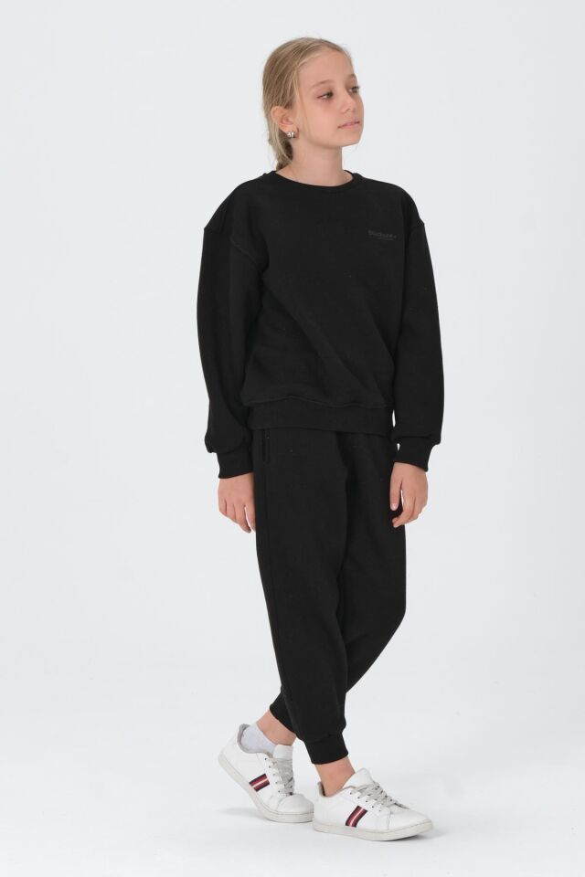 Bisiklet Yaka Baskı Detaylı Şardonlu Kız Çocuk Eşofman Takımı