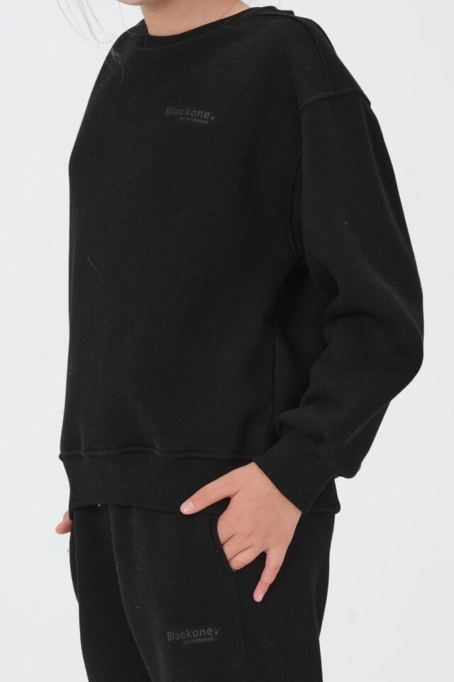 Bisiklet Yaka Baskı Detaylı Şardonlu Kız Çocuk Eşofman Takımı