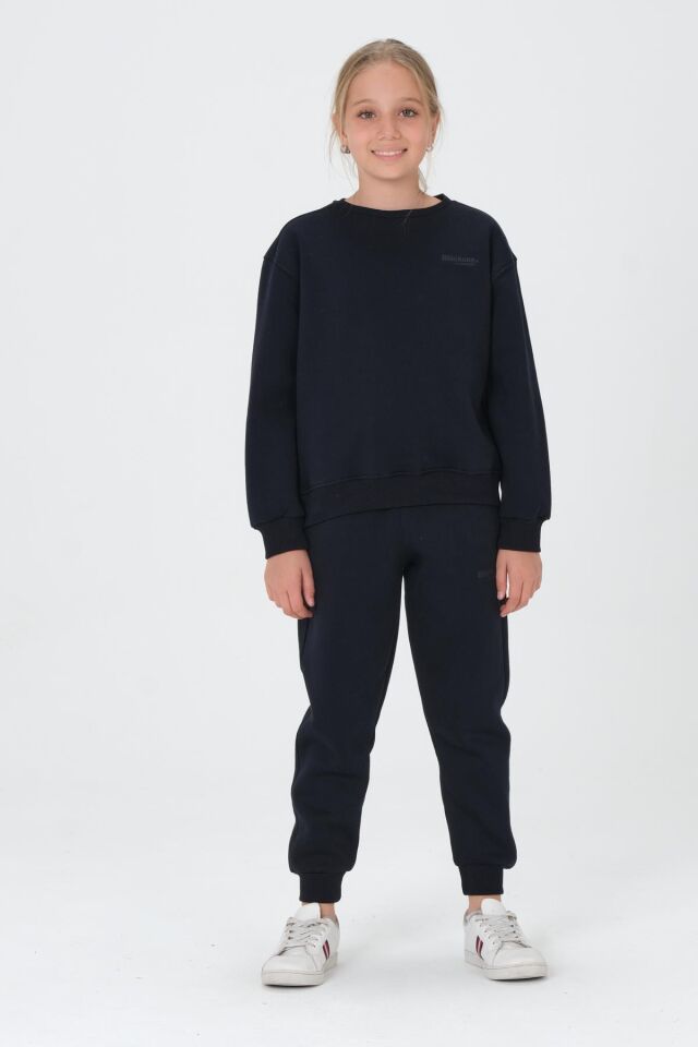 Bisiklet Yaka Baskı Detaylı Şardonlu Kız Çocuk Eşofman Takımı