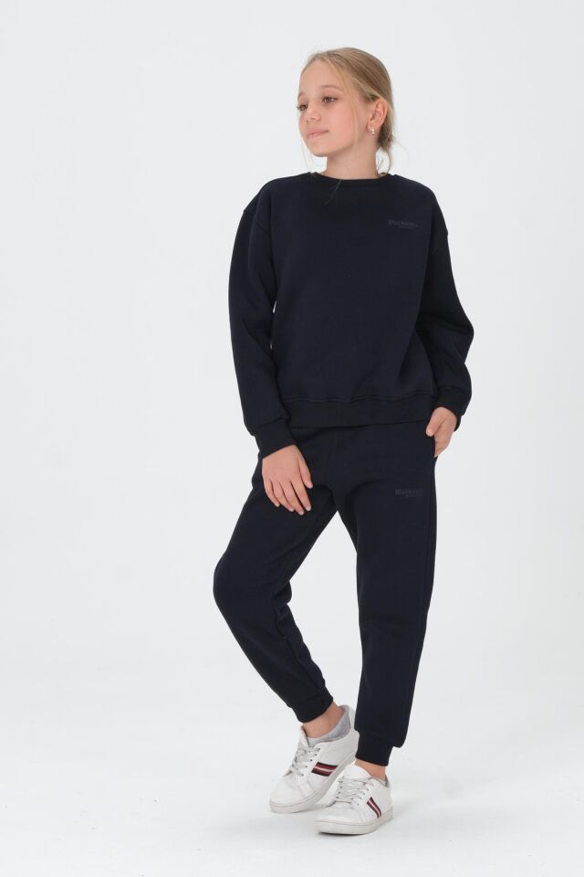 Bisiklet Yaka Baskı Detaylı Şardonlu Kız Çocuk Eşofman Takımı