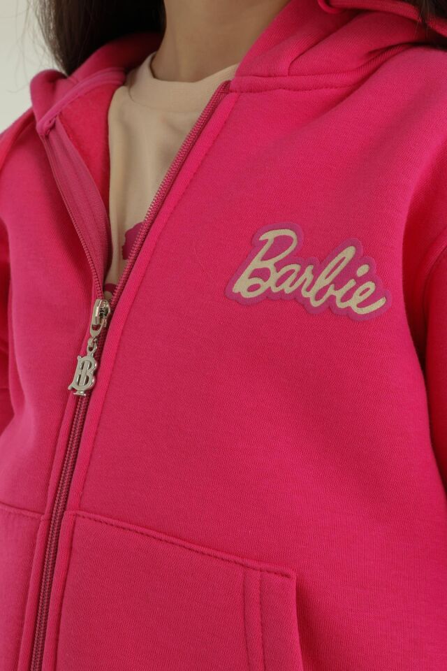 Kapüşonlu Barbie Baskı Detaylı 3 Lü Kız Çocuk Eşofman Takımı FUŞYA - 10-11 Yaş