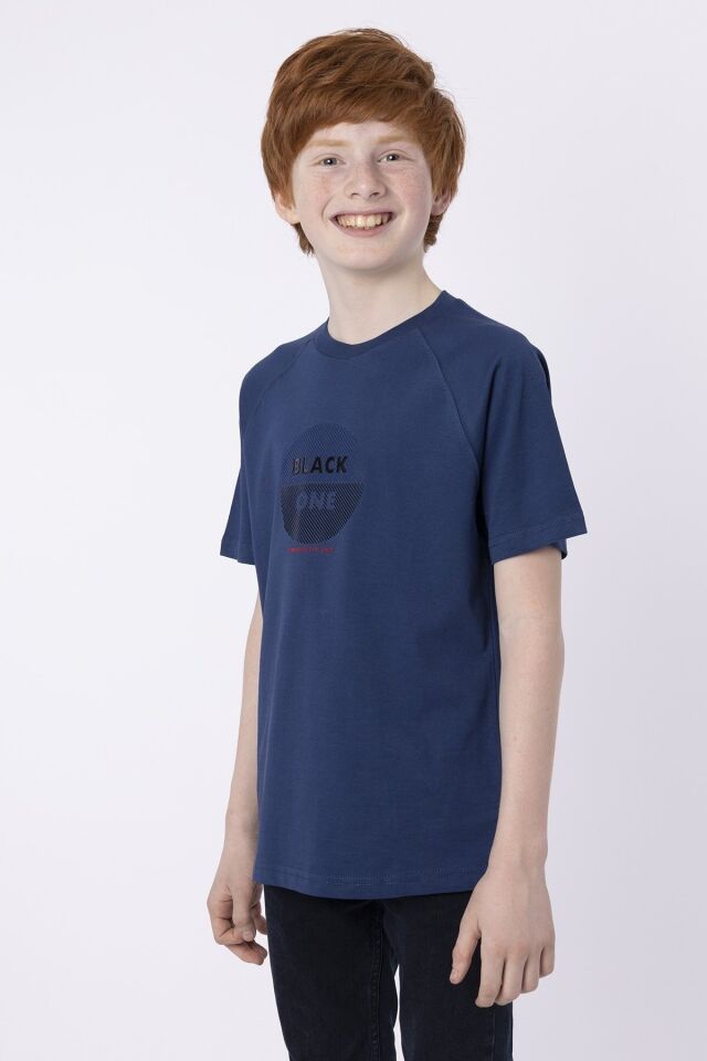 %100 Pamuk Süprem Kumaştan Enjeksiyon Baskılı Erkek Çocuk Bisiklet Yaka T-shırt Yazlık 9-10 Yaş - İNDİGO