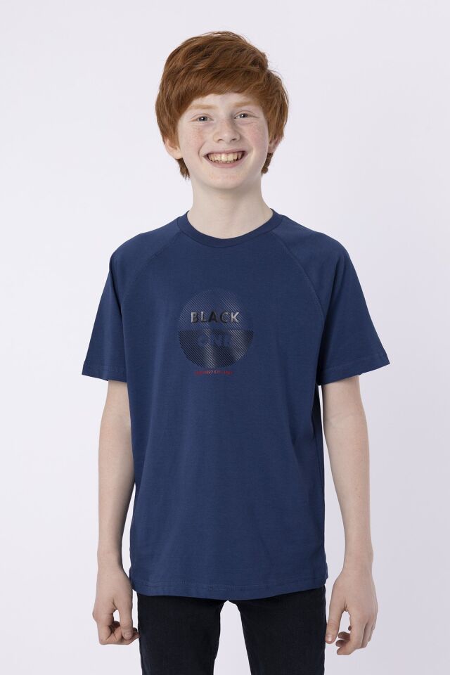 %100 Pamuk Süprem Kumaştan Enjeksiyon Baskılı Erkek Çocuk Bisiklet Yaka T-shırt Yazlık 9-10 Yaş - İNDİGO
