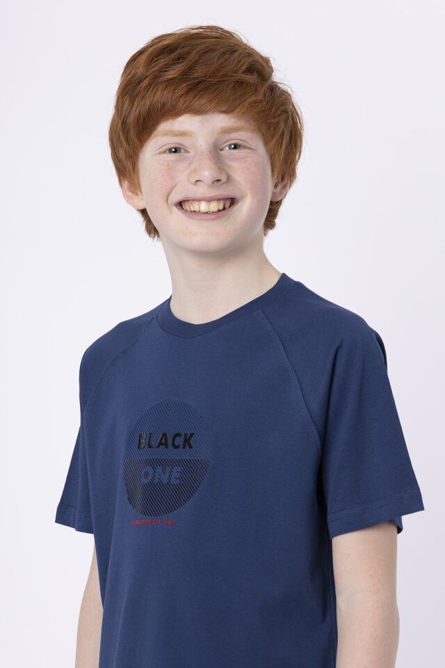 %100 Pamuk Süprem Kumaştan Enjeksiyon Baskılı Erkek Çocuk Bisiklet Yaka T-shırt Yazlık 9-10 Yaş - İNDİGO