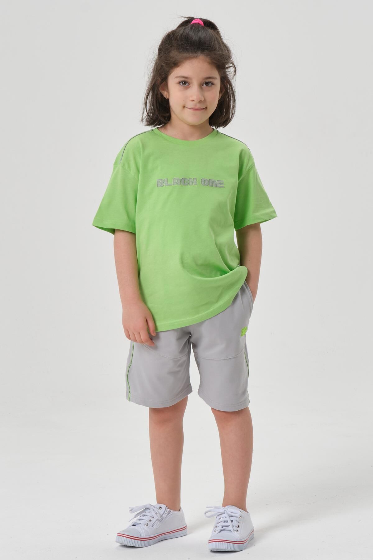 Bisiklet Yaka Baskılı Kız Çocuk T-shırt ve Şort Takımı F.YEŞİL - 2-3 Yaş