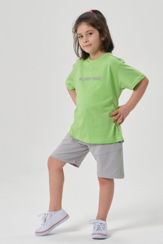 Bisiklet Yaka Baskılı Kız Çocuk T-shırt ve Şort Takımı F.YEŞİL - 2-3 Yaş