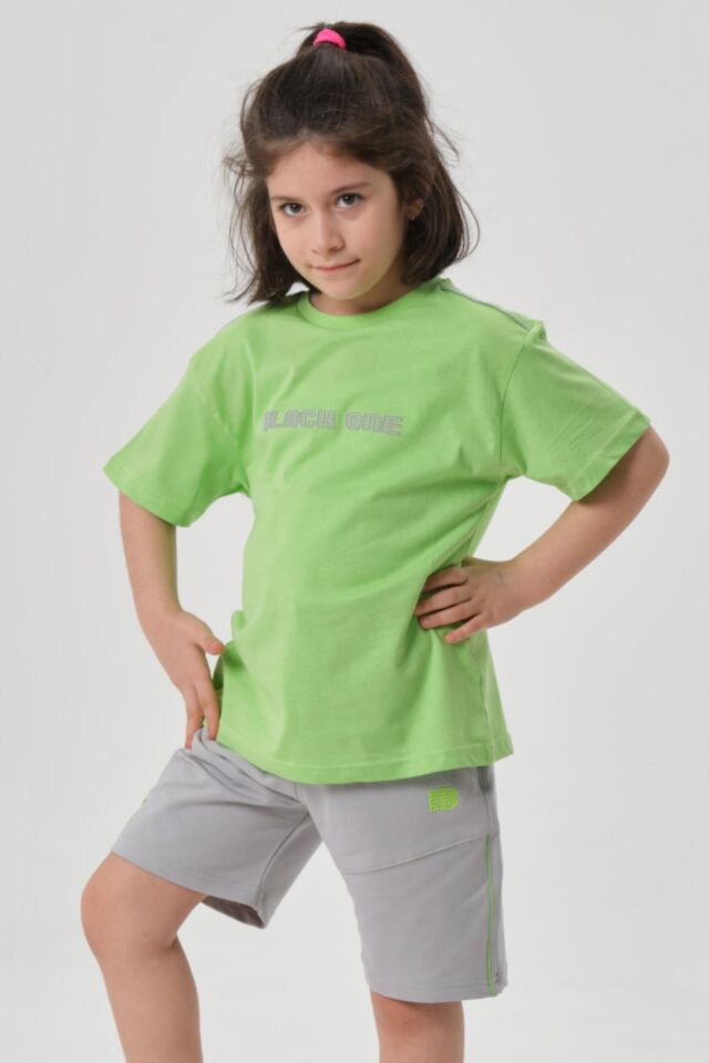 Bisiklet Yaka Baskılı Kız Çocuk T-shırt ve Şort Takımı F.YEŞİL - 2-3 Yaş