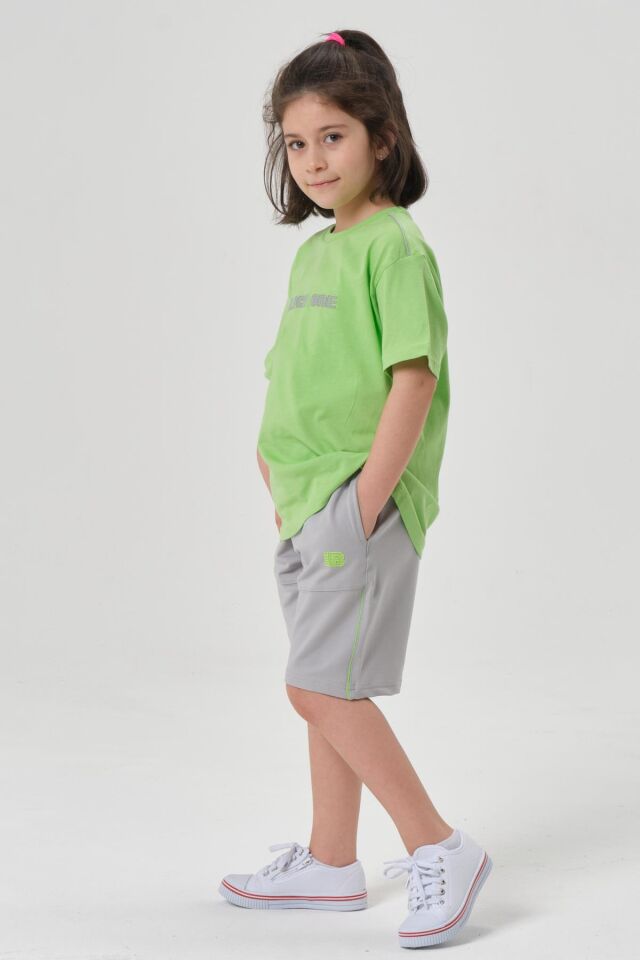 Bisiklet Yaka Baskılı Kız Çocuk T-shırt ve Şort Takımı F.YEŞİL - 2-3 Yaş