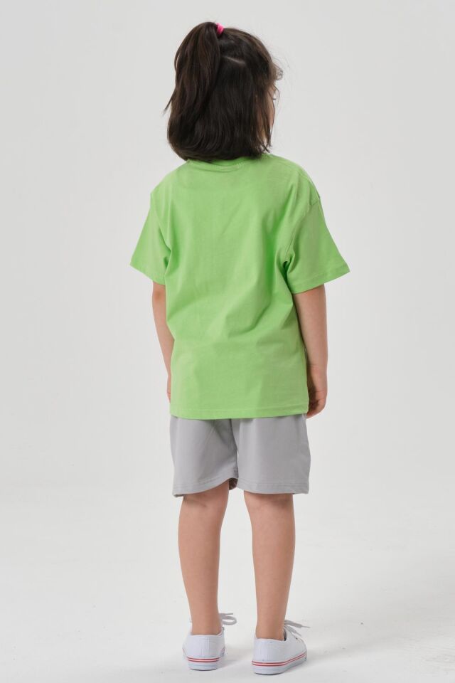 Bisiklet Yaka Baskılı Kız Çocuk T-shırt ve Şort Takımı F.YEŞİL - 2-3 Yaş