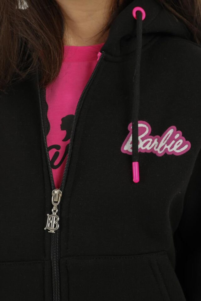 Kapüşonlu Barbie Baskı Detaylı 3 Lü Kız Çocuk Eşofman Takımı SİYAH - 2-3 Yaş