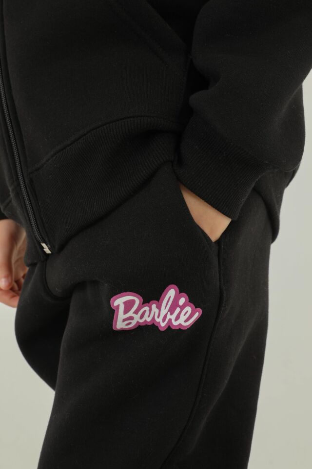 Kapüşonlu Barbie Baskı Detaylı 3 Lü Kız Çocuk Eşofman Takımı SİYAH - 2-3 Yaş