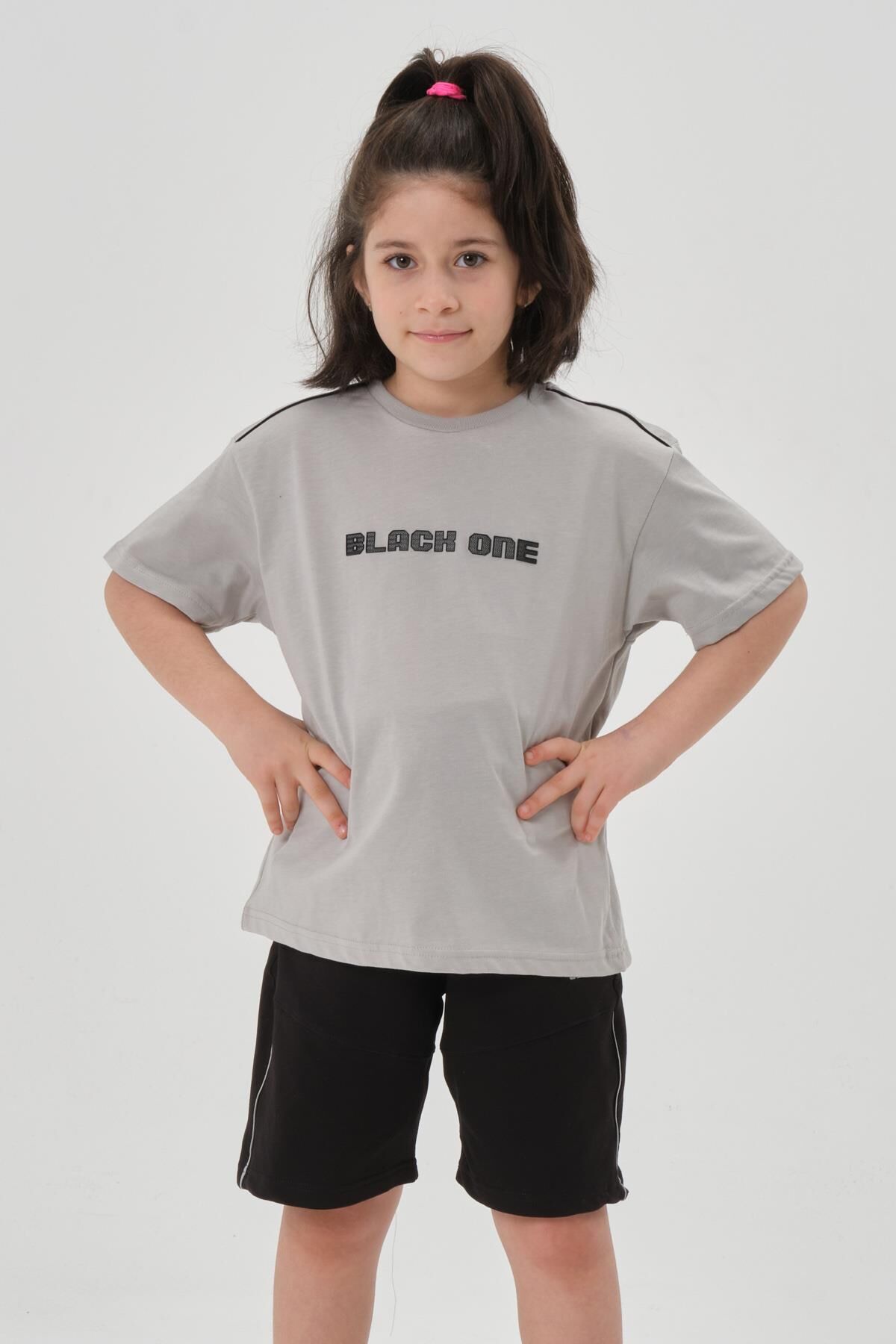Bisiklet Yaka Baskılı Kız Çocuk T-shırt ve Şort Takımı GRİ - 2-3 Yaş