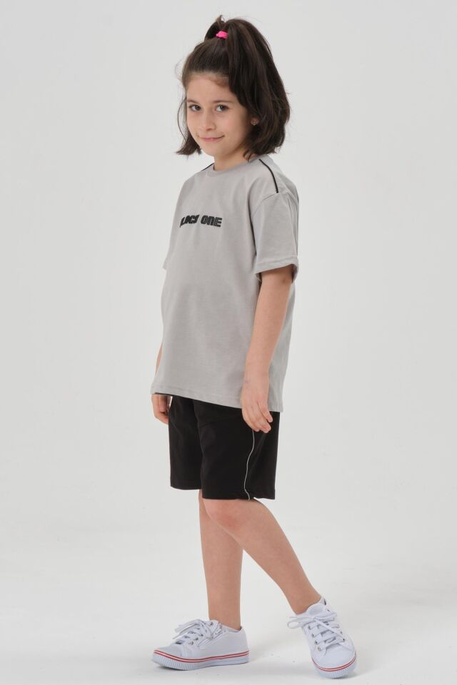 Bisiklet Yaka Baskılı Kız Çocuk T-shırt ve Şort Takımı GRİ - 2-3 Yaş