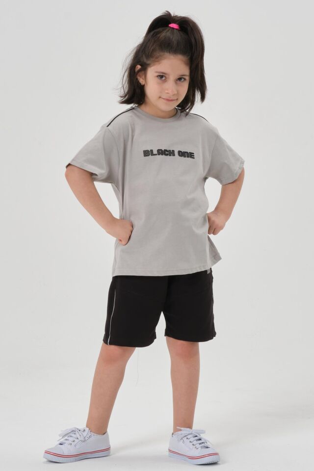 Bisiklet Yaka Baskılı Kız Çocuk T-shırt ve Şort Takımı GRİ - 2-3 Yaş