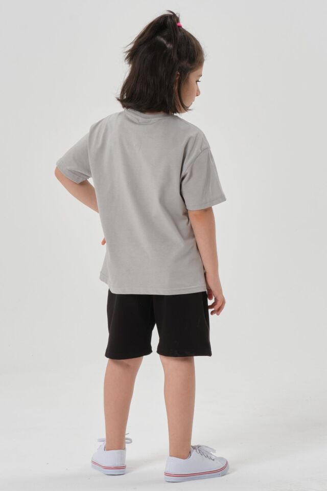 Bisiklet Yaka Baskılı Kız Çocuk T-shırt ve Şort Takımı GRİ - 2-3 Yaş