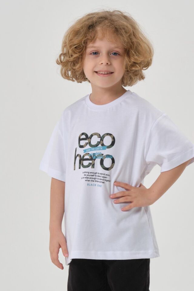 Bisiklet Yaka Baskılı Erkek Çocuk T-shırt BEYAZ - 7-8 Yaş
