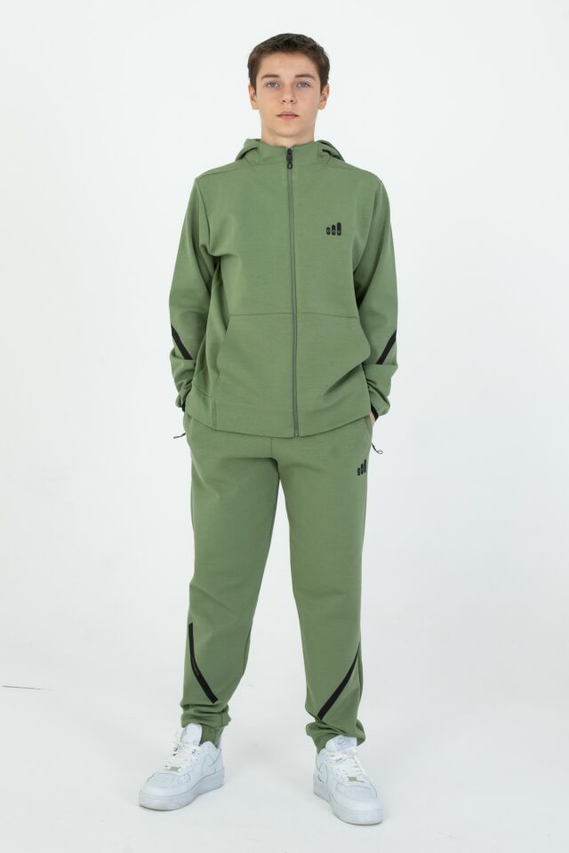 ERKEK/KIZ FERMUARLI ÇİFT CEP DETAYLI KAPÜŞONLU EŞOFMAN TAKIM HAKİ - 10-11 Yaş