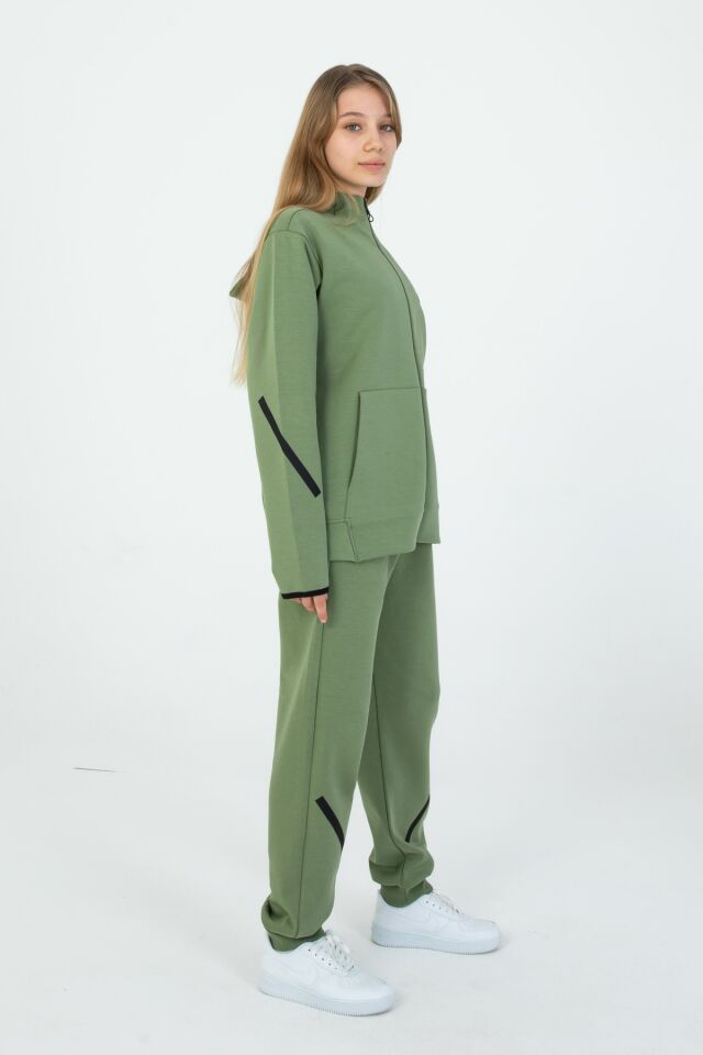 ERKEK/KIZ FERMUARLI ÇİFT CEP DETAYLI KAPÜŞONLU EŞOFMAN TAKIM HAKİ - 10-11 Yaş