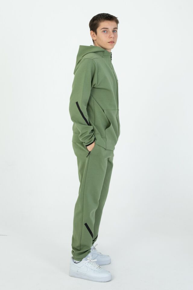 ERKEK/KIZ FERMUARLI ÇİFT CEP DETAYLI KAPÜŞONLU EŞOFMAN TAKIM HAKİ - 10-11 Yaş