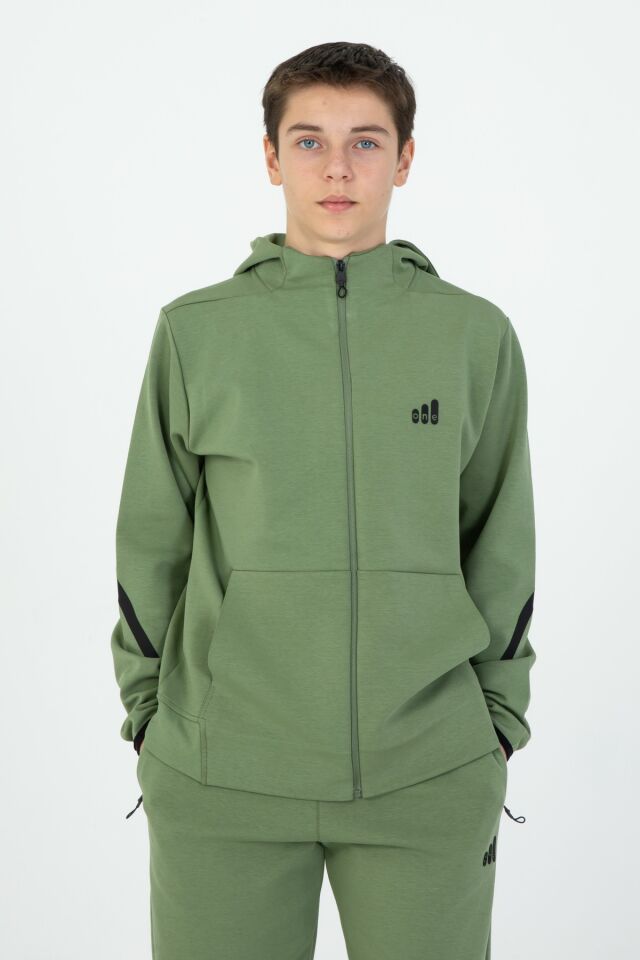 ERKEK/KIZ FERMUARLI ÇİFT CEP DETAYLI KAPÜŞONLU EŞOFMAN TAKIM HAKİ - 10-11 Yaş