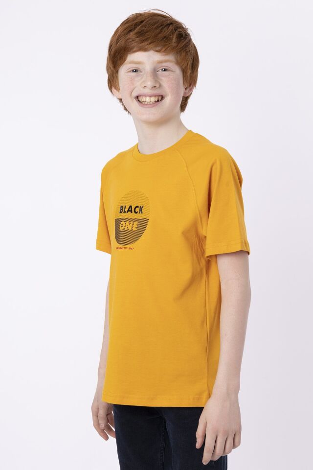 %100 Pamuk Süprem Kumaştan Enjeksiyon Baskılı Erkek Çocuk Bisiklet Yaka T-shırt Yazlık 8-9 Yaş - HARDAL