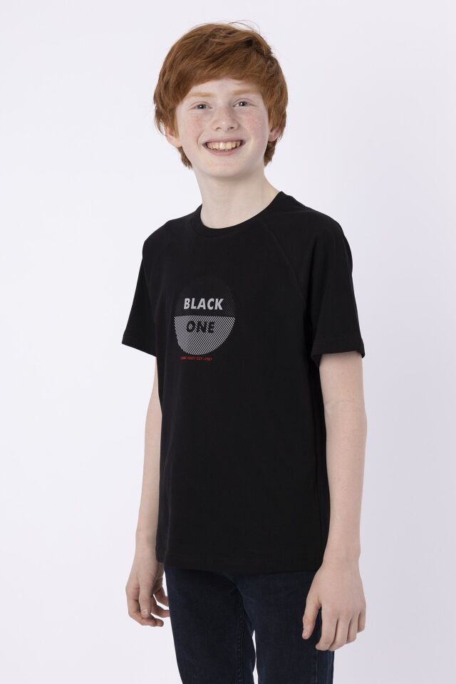 %100 Pamuk Süprem Kumaştan Enjeksiyon Baskılı Erkek Çocuk Bisiklet Yaka T-shırt Yazlık 10-11 Yaş - SİYAH