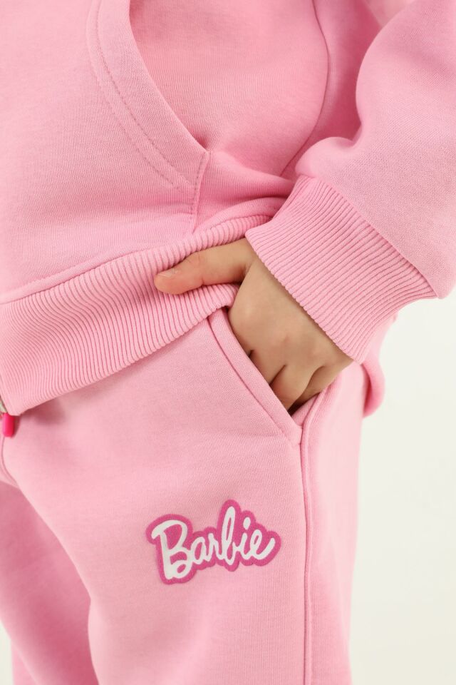 Kapüşonlu Barbie Baskı Detaylı 3 Lü Kız Çocuk Eşofman Takımı PEMBE - 12-13 Yaş