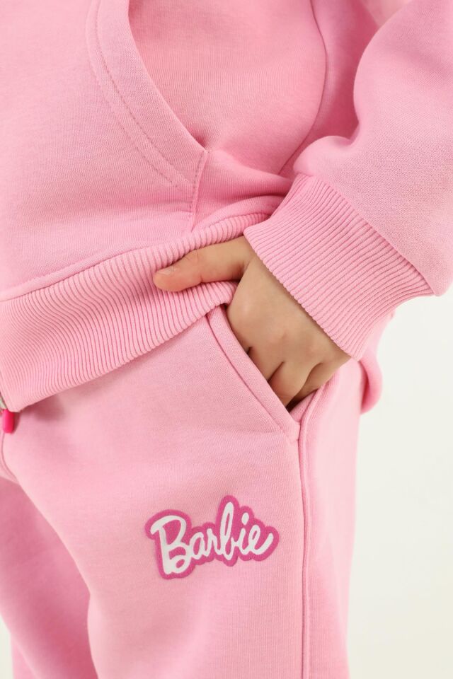 Kapüşonlu Barbie Baskı Detaylı 3 Lü Kız Çocuk Eşofman Takımı PEMBE - 13-14 Yaş