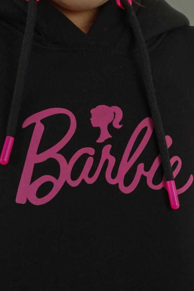Kapüşonlu Barbie Baskı Detaylı Kız Çocuk Eşofman Takımı