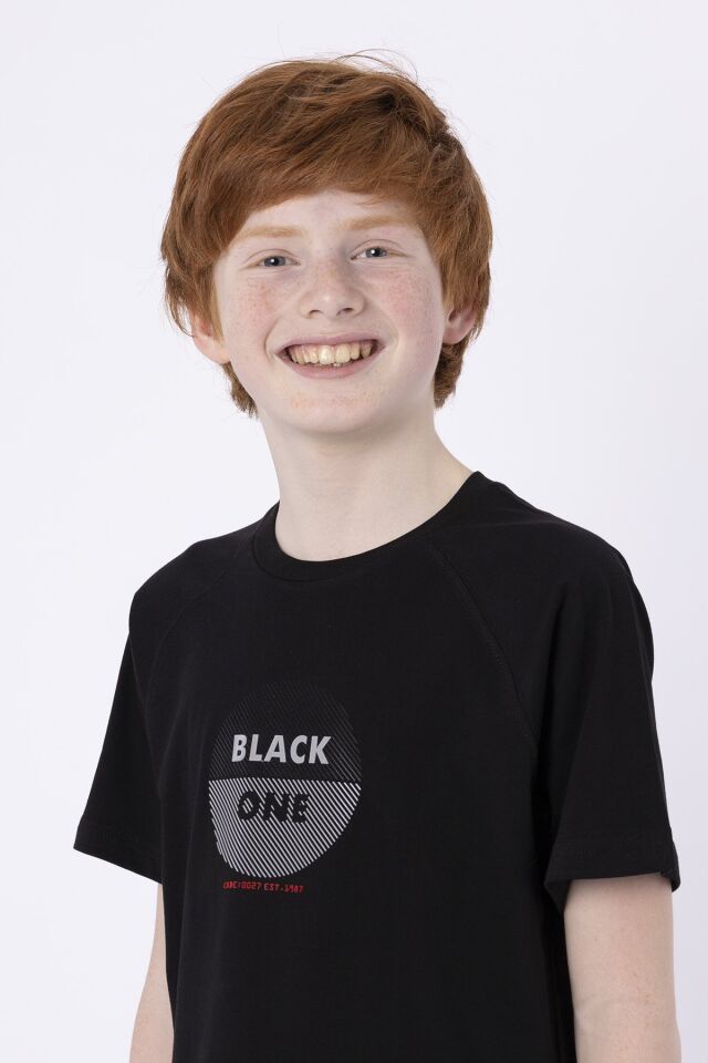 %100 Pamuk Süprem Kumaştan Enjeksiyon Baskılı Erkek Çocuk Bisiklet Yaka T-shırt Yazlık 8-9 Yaş - SİYAH