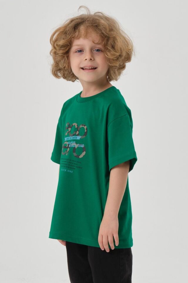 Bisiklet Yaka Baskılı Erkek Çocuk T-shırt BENETTON YEŞİL - 6-7 Yaş