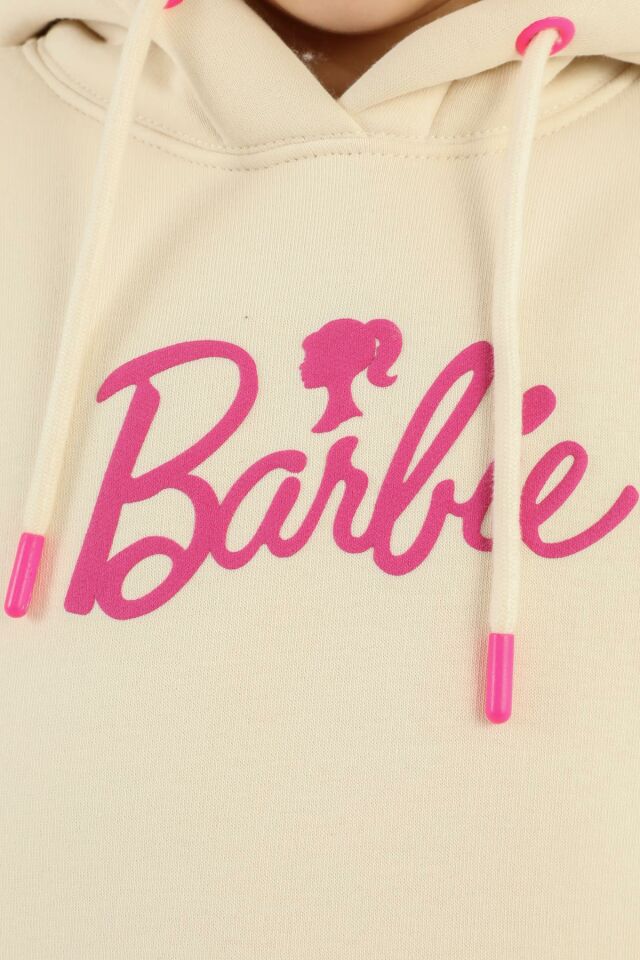 Kapüşonlu Barbie Baskı Detaylı Kız Çocuk Eşofman Takımı BEJ - 12-13 Yaş