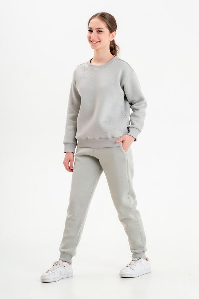 Bisiklet Yaka Üç İplilk Kalın Kumaştan Unisex Çocuk Eşofman Takım BOYAMA GRİ - 2-3 Yaş