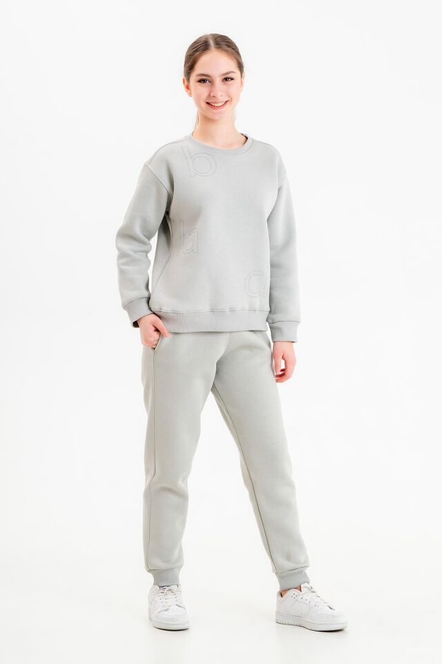 Bisiklet Yaka Üç İplilk Kalın Kumaştan Unisex Çocuk Eşofman Takım BOYAMA GRİ - 3-4 Yaş
