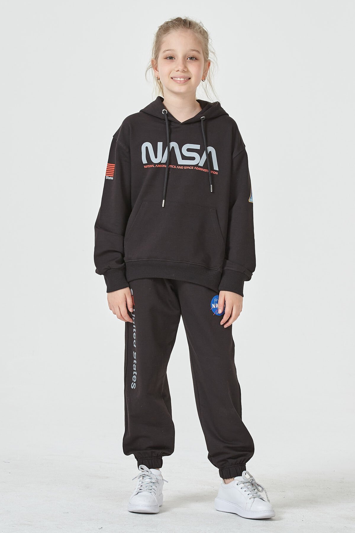 KIZ ÇOCUK UNİSEX  NASA BASKI DETAYLI OVERSİZE KAPÜŞONLU ÇOCUK EŞOFMAN TAKIMI SİYAH - 9-10 Yaş